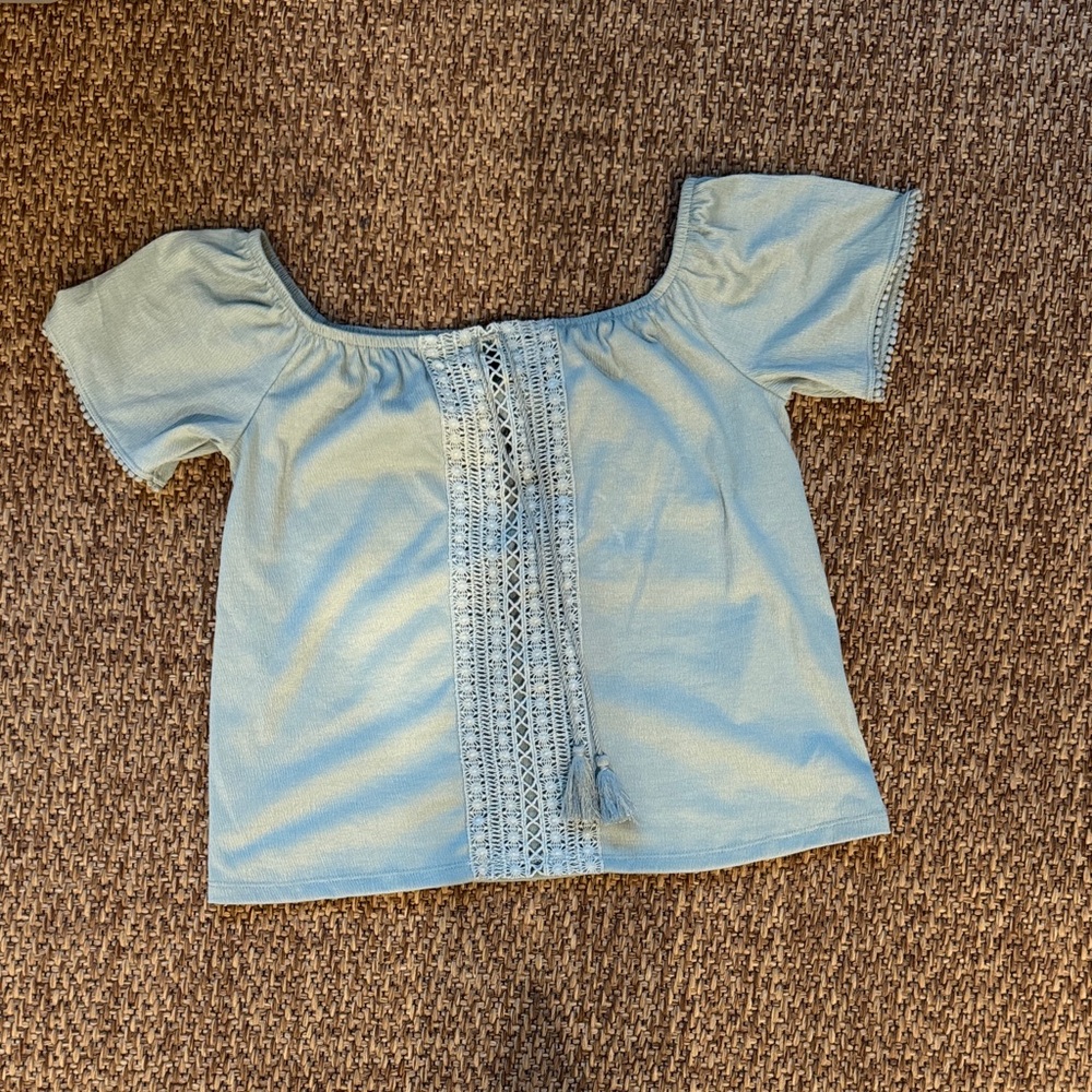 H&M Light Blue Off-Shoulder Crochet-Trim Blouse